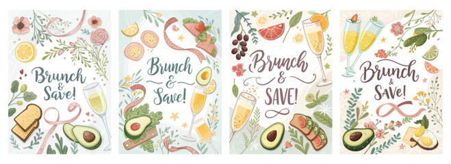 Colorful brunch-themed illustrations featuring various dishes and drinks, inviting celebrations with friends.