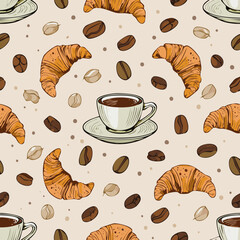 Seamless pattern with croissants, coffee cups, and coffee beans on a light background. Perfect for café, bakery, and breakfast themes