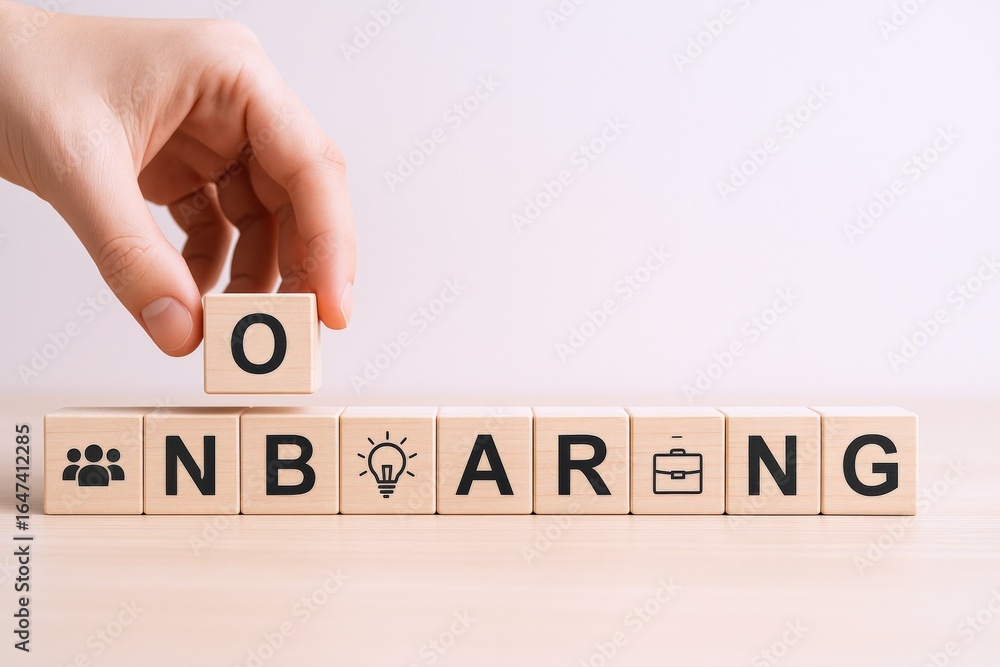 Poster onboarding process concept: hand adding block to complete onboarding word on wooden cubes
