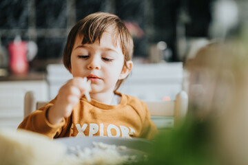 A young child wearing a cozy sweatshirt explores food on a plate in a comfortable, warmly lit...