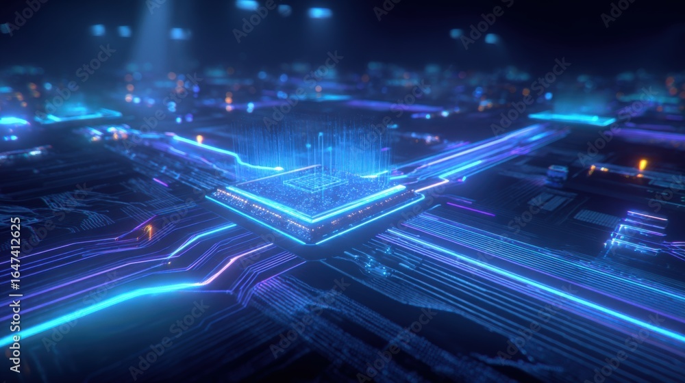 Poster futuristic microchip processor with neon glow: advanced technology concept for data processing and i