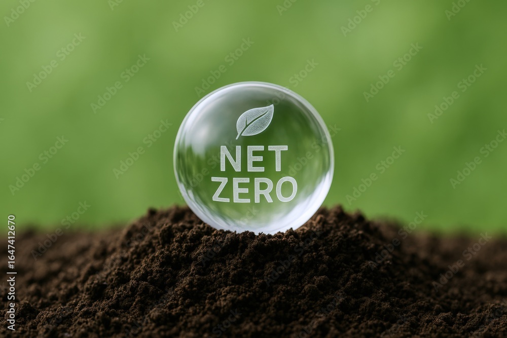 Poster net zero initiative concept: close-up of clear sphere with text on soil against green background