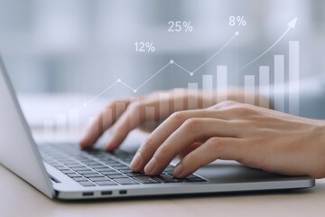 Obraz premium Analysis of Financial Growth, Typing on Laptop, Financial Data Overlay, Business Success, and Investment Strategy