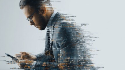 Businessman using smartphone with digital effect representing technology disruption, innovation and modern communication.