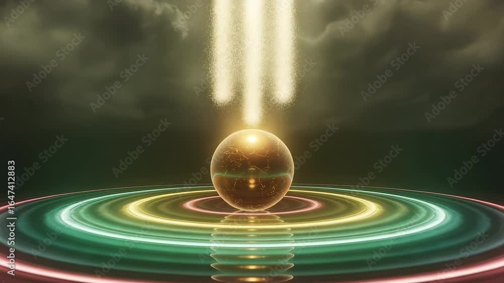 Poster golden sphere illuminated by vertical beams of light above colorful glowing concentric circles under