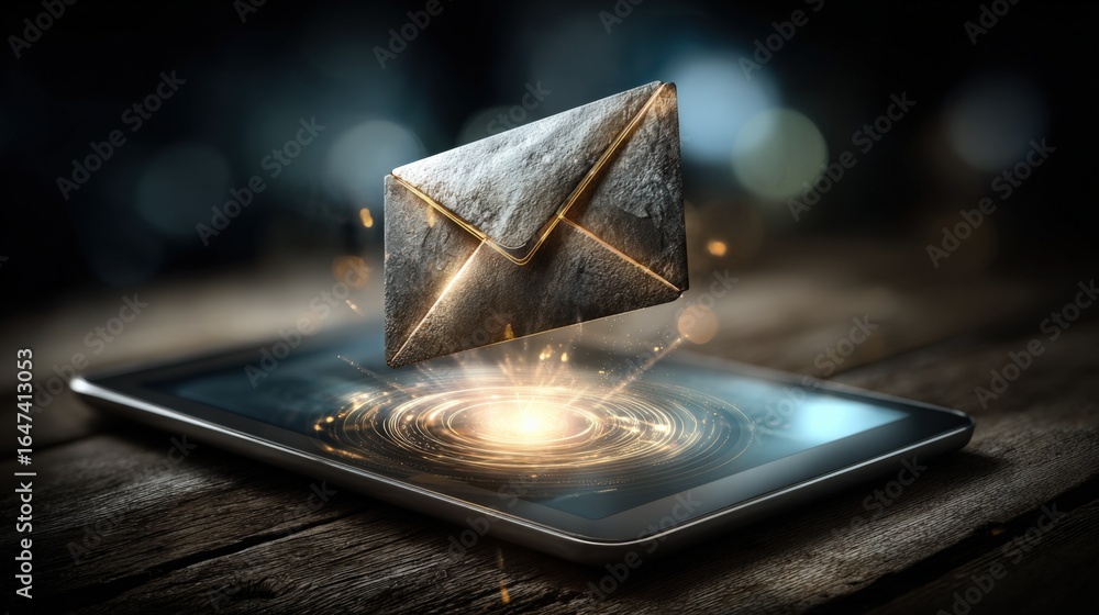 Poster digital communication: email envelope hovering over tablet display with light effects for business c
