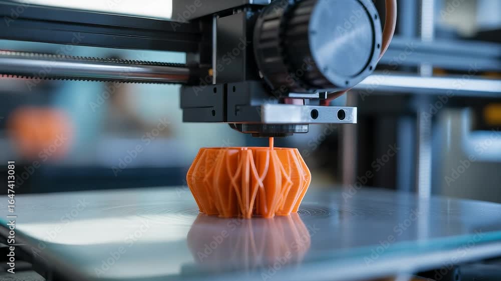Poster close up of a 3d printer creating an intricate orange geometric object on a print bed in a modern ad
