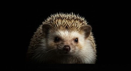 Close up portrait of cute african pygmy hedgehog pet on black background studio shot for animal lovers