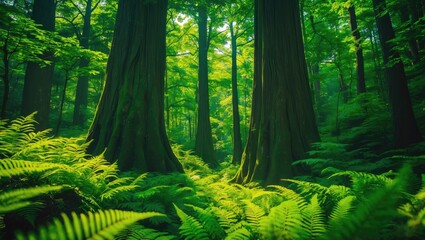 Obraz premium Lush green forest scene with tall trees and dense undergrowth. Nature and woodland environment. Forest landscape and greenery. The scene of a vibrant and thriving forest.