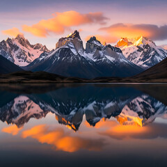 Obraz premium Golden Sunrise over Snow-Capped Peaks Reflected in a Patagonian Lake