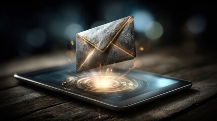 Digital Communication: Email Envelope Hovering Over Tablet Display with Light Effects for Business Concepts