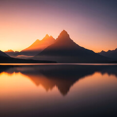 Ethereal Mountain Sunrise Reflection on a Misty Lake