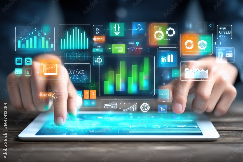 Poster data analysis on a digital tablet showing financial insights, analytics, graphs and business intelli