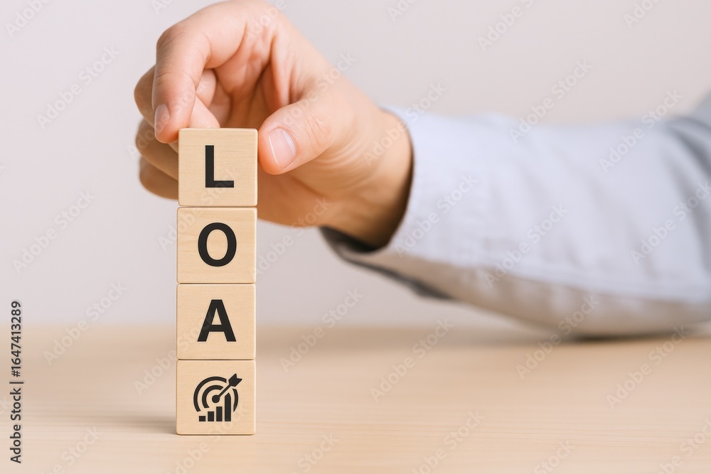 Poster stack of wooden blocks with 'loa' letters and target icon held by person