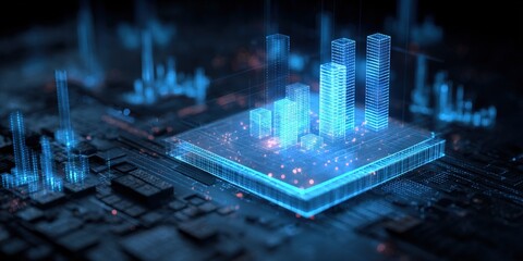 Futuristic Circuit Board with Holographic Cityscape, symbolizing data processing, technology and digital network infrastructure.