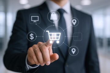 Fototapeta premium Businessman Activating Online Shopping Interface with Futuristic Technology, Representing E-commerce and Digital Transactions
