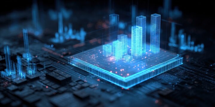 Futuristic Circuit Board with Holographic Cityscape, symbolizing data processing, technology and digital network infrastructure.