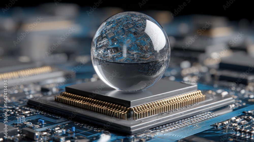 Aufkleber cpu chip with glass sphere reflecting tech, representing innovation, technology and future computing