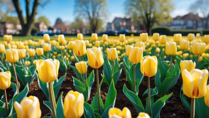 Obraz premium Yellow tulips in a garden bed with green leaves and a blurred background of trees and houses.