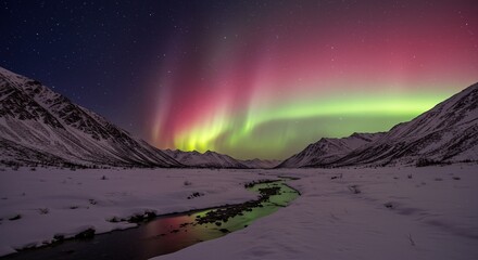 Aurora borealis northern lights alaska winter landscape snow mountain river night sky nature travel scenic view