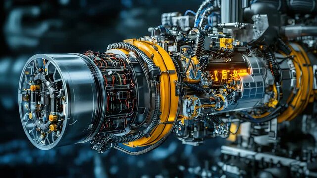 High tech engine component with metallic wiring and complex mechanical parts showcasing advanced futuristic technology and machinery design precision
