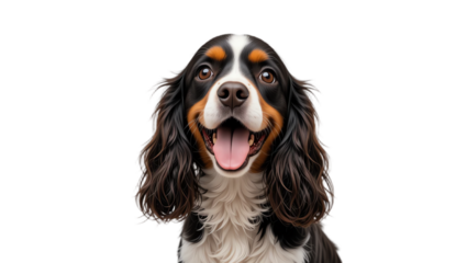 Adorable and joyful dog portrait featuring a friendly puppy with expressive eyes fluffy fur and a cheerful face on a black background perfect for pet lovers