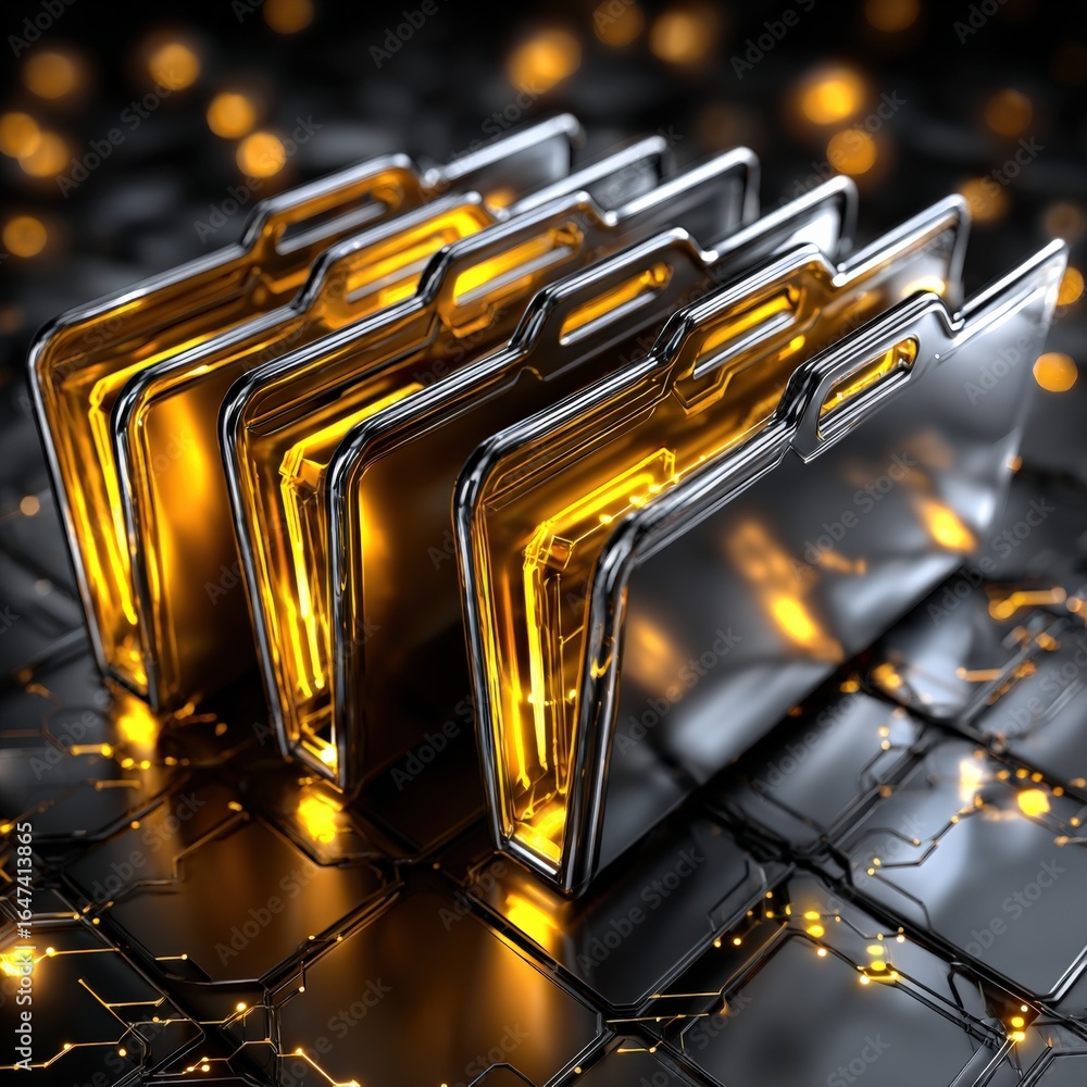 Poster 3d render of golden folders on a data circuit board background, representing information management 