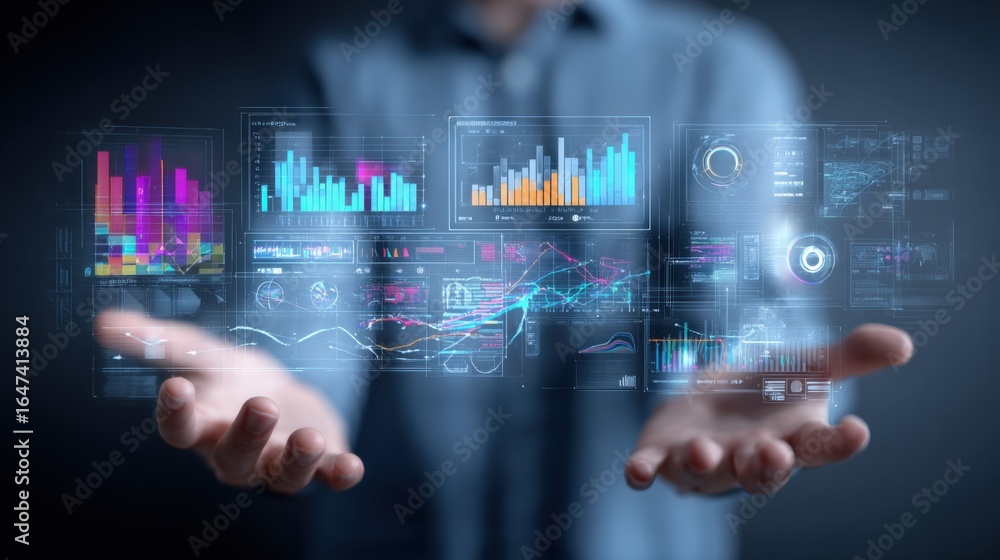 Poster data visualization concept: man presenting digital information and business analytics on holographic