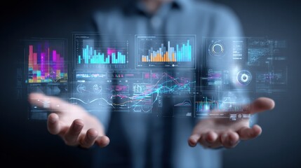 Data Visualization Concept: Man Presenting Digital Information and Business Analytics on Holographic Screens