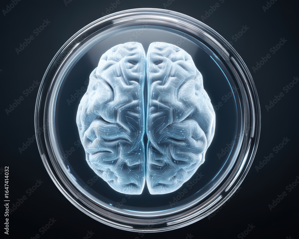 Poster artificial intelligence medical concept showing glowing brain in futuristic digital style with neura
