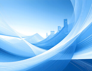 Fluid abstract design featuring vibrant blue curves and subtle white highlights, set against a faint city silhouette, embodying innovation and digital progression