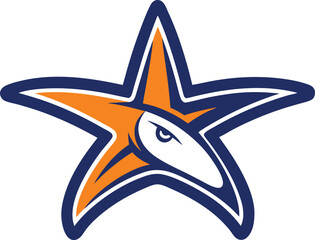 Orange and blue star mascot with fierce eye