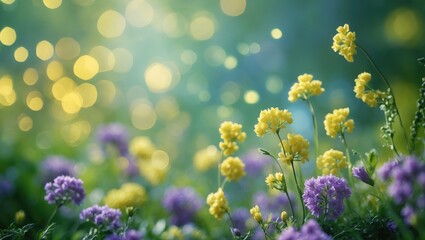 Obraz premium Colorful flowers in a garden with bokeh light background, showcasing a vibrant and serene natural scene.