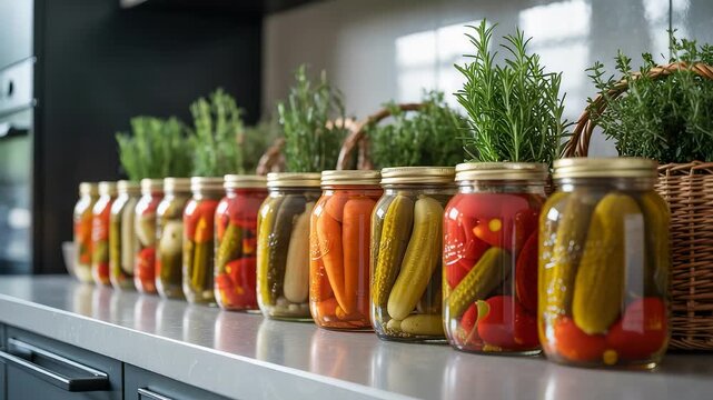 Row of glass jars filled with assorted pickled vegetables and herbs neatly arranged on kitchen counter with wicker baskets of greenery