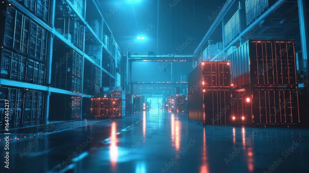 Poster futuristic data center with glowing server racks and digital network in large industrial space showc