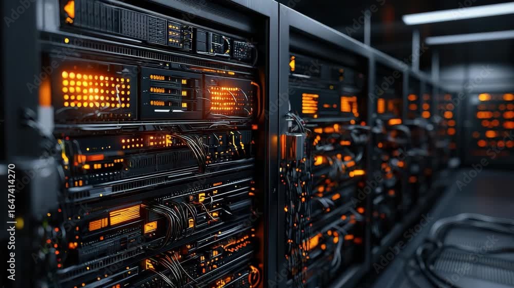 Poster data center server racks with glowing orange lights and connected cables create advanced network har