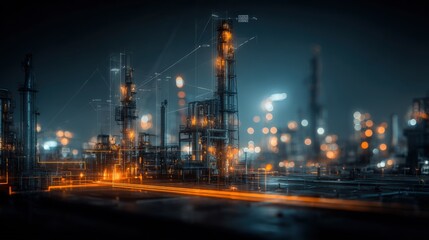 Fototapeta premium Illuminated Oil Refinery at Night: Complex Industrial Plant with Modern Architecture and Technological Infrastructure