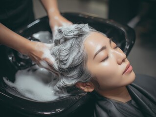 Fototapeta premium Asian Woman Relaxing During Hair Wash at Salon, Receiving Treatment and Enjoying Spa Day