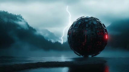 Futuristic metallic sphere floating above misty water in forest landscape with glowing red unlocked padlock symbol and dark mysterious atmosphere - Powered by Adobe