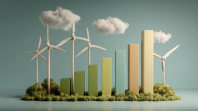 Wind Turbines and Rising Bar Graph Displaying Renewable Energy Growth and Sustainable Business Success