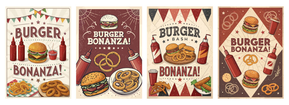 Colorful vintage burger-themed posters featuring burgers and snacks with playful design elements. - Powered by Adobe