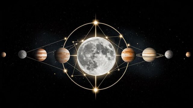 Surreal alignment of planets with the Moon at the center, connected by glowing golden geometry in deep space, with twinkling stars and cosmic energy, mystical celestial artwork