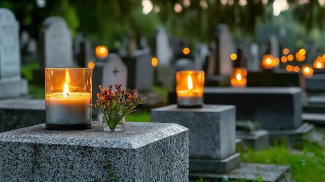 Candle flame glowing softly on granite tombstone with flower bouquet in peaceful cemetery at dusk, evoking calm and remembrance ambiance