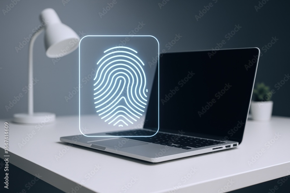 Poster fingerprint security scan on laptop for secure access and authentication, biometric identification t