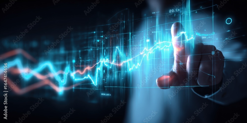 Poster interactive data visualization: hand interacting with glowing financial chart on a futuristic interf