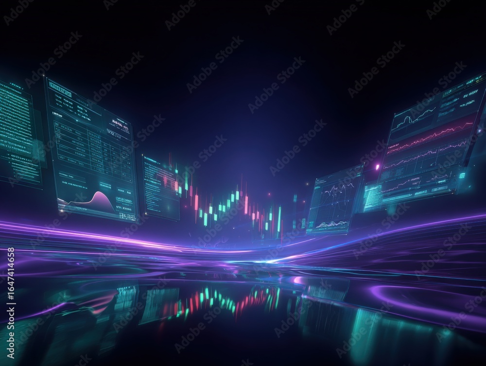 Poster futuristic stock market analysis: digital trading interface with candlestick charts and data visuali
