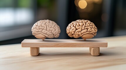 Two Beige Brain Models on Wooden Bench