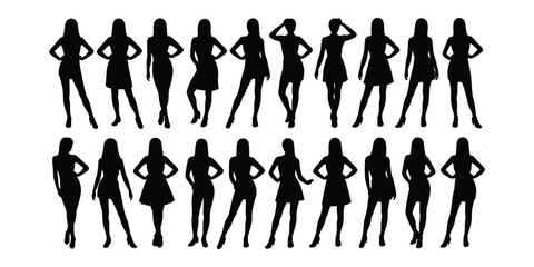 Silhouettes of eighteen women in standing poses with hands on hips, showcasing varied fashion styles and confident body language