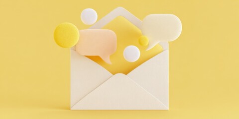 Conceptual rendering of an open envelope with speech bubbles, symbolizing communication, notifications, and social media on a yellow backdrop