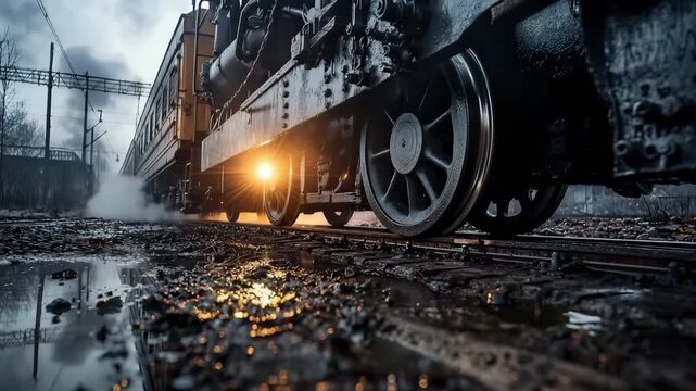 Steam train wheel close up on wet railway track with glowing light and moody sky evoking nostalgic powerful atmosphere and reflection on rails